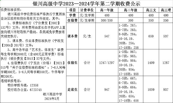 银川高级中学2023—2024学年第二学期收费公式
